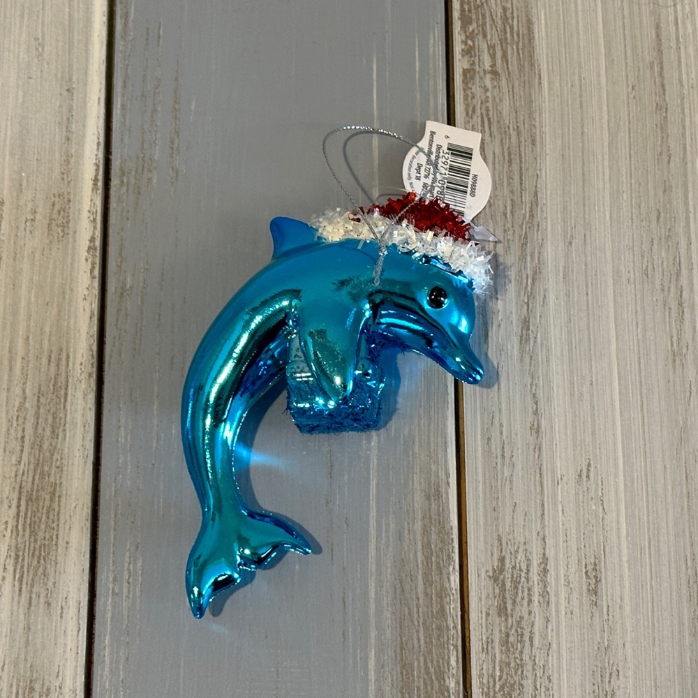 NWT! Shiny Blue Dolphin Christmas Ornament w Tinsel Santa Hat & Present